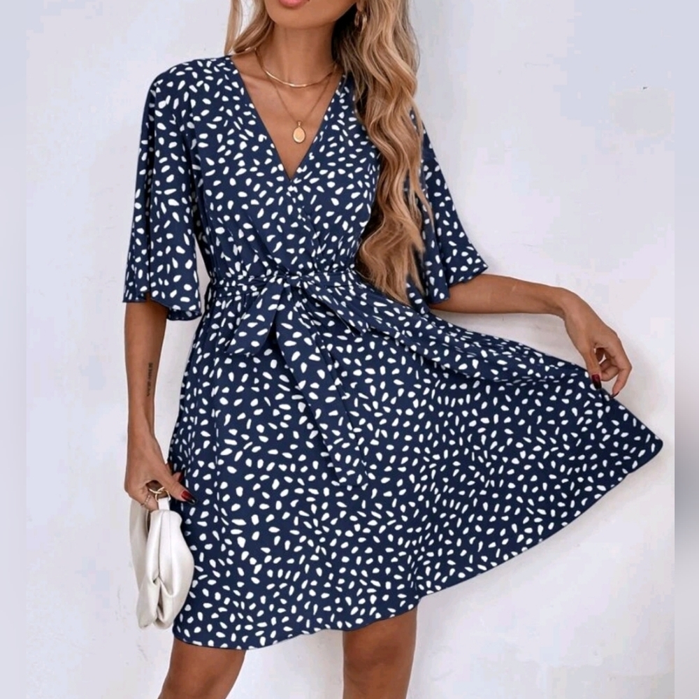 New Boho Short Flutter Sleeve Wrap Front Dress Belted Navy Blue White - Picture 2 of 8